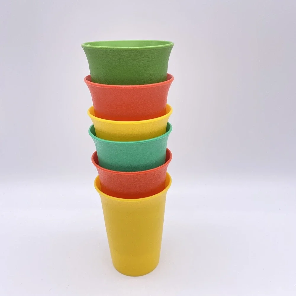 6 Vintage Tupperware Cups Tumblers #109-33,36,38,37. Red Green Yellow No Lids‎